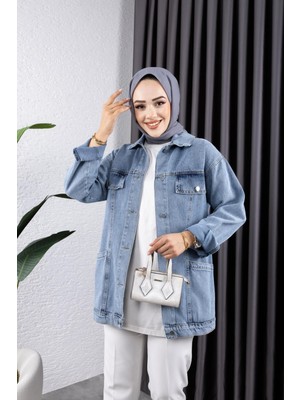 Harman Butik Kadın Mavi Cep Detaylı Denim Kot Ceket Normal Yaka Günlük Tarzı ile Rahat Kullanım