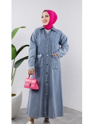 Kadın Düğmeli Uzun Kot Kap