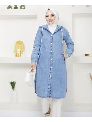 Harman Butik Kadın Kapüşonlu Uzun Kot Ceket Mavi Dokuma Kumaş Normal Kalıp Günlük Stil Cepli