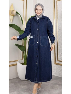 Kadın Düğmeli Uzun Kot Kap