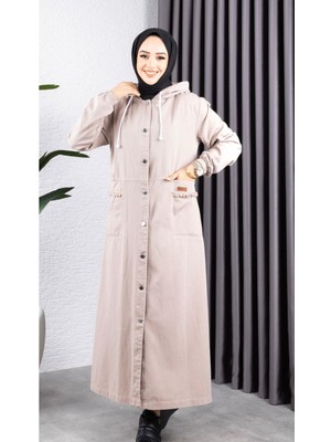 Kadın Düğmeli Kapüşonlu Cep Püsküllü Kot Kap