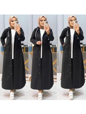 Kadın Kapüşonlu Düğmeli Denim Kot Kap