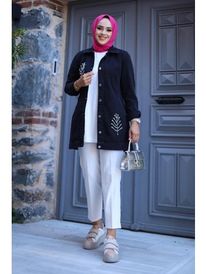 Kadın Boncuk Detaylı Denim Kot Ceket