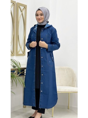 Kadın Kapüşonlu Düğmeli Denim Kot Kap