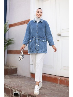 Harman Butik Kadın Cepli Denim Kot Ceket Taş Işleme Detaylı Günlük Kullanım İçin Rahat Tasarım