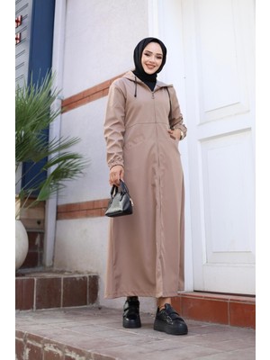 Harman Butik Kadın Bej Kapüşonlu Cepli Fermuarlı Parka Uzun Kol Standart Kalıp Model