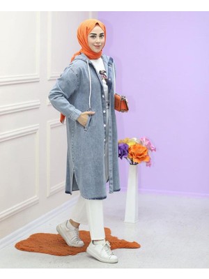 Harman Butik Kadın Düğmeli Kapüşonlu Kot Ceket Mavi Normal Yaka Dokuma Cepli Günlük Stil