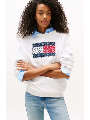 Kadın Relaxed Fit Desenli Bayrak Logolu Sweatshirt - Ekru