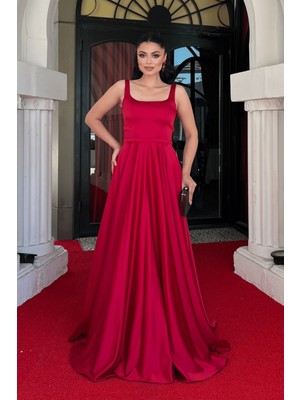 Saten Kumaş Sırtı Ipli Askılı Maxi Elbise - Kırmızı