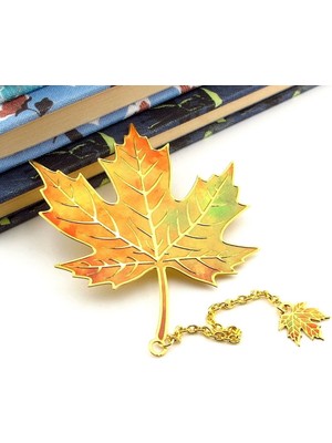 Sonbahar Renkleri Çınar Yaprak Altın Rengi Metal Kitap Ayracı Zincirli AY008
