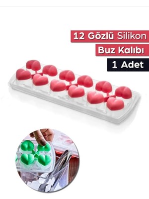 1 Adet 12 Gözlü Kalpli Silikon Kalpli Buzluk Kalıbı Kapaklı