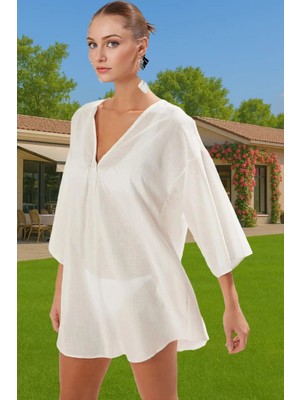 Yazlık Pamuklu Keten Görünümlü Midi Plaj Elbisesi Aksesuarlı Rahat Uzun Ömürlü Konforlu Kesim