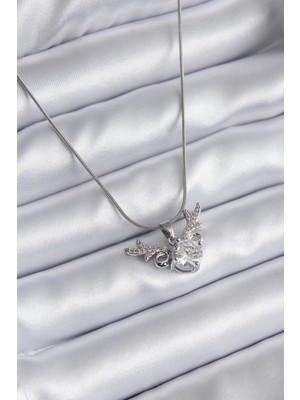 Bfs 316L Çelik Gümüş Renk Zirkon Taşlı Boynuz Model Kadın Kolye