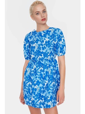 Yazlık Mini Elbise Poplin Dokuma Çiçek Desenli Bisiklet Yaka Yüksek Kalite Özenle Seçilmiş