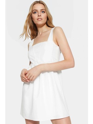 Polyester Karışımlı Finike Dokuma Kadın Elbise Skater Kalıp Kare Yaka Mini Boy Rahat