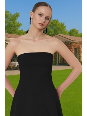 Şık A Kesim Straplez Midi Elbise Finike Dokuma Polyester Elastan Konforlu Kesim Rahat ve Şık