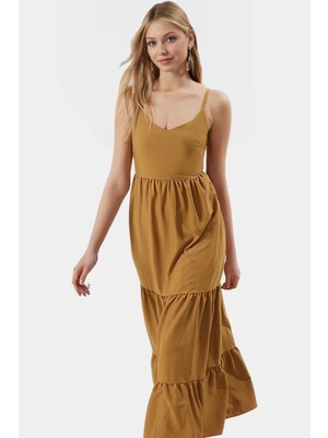 Kolsuz Maxi Elbise Skater Kalıp Lilyum Dokuma Günlük Kullanım Modern Stil Şık Görünüm