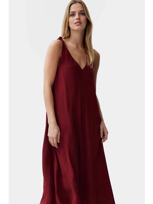 Rahat Kesim Kolsuz V Yaka Midi Elbise Polyester Dokuma Kumaş Premium Kalite