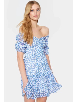 Dokuma Mini Elbise Çiçekli Desen Kısa Kol Astarlı Gipeli Seçkin Malzeme Trend Tasarım