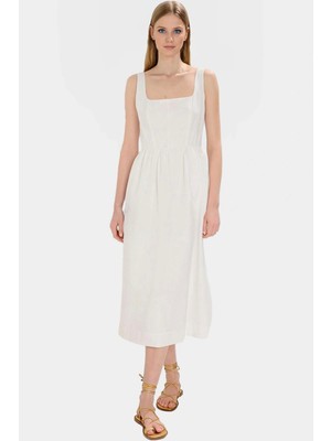 Dokuma Midi Elbise Skater Kalıp Kolsuz Belden Kaliteli Işçilik Rahat ve Şık