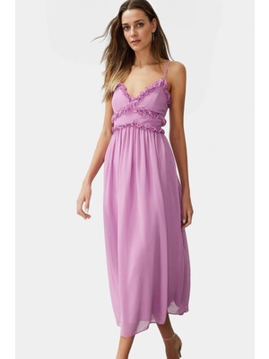 Çiçek Desenli A Kesim Maxi Elbise Şifon Kumaş V Yaka Astarlı Rahat ve Şık Trend Tasarım