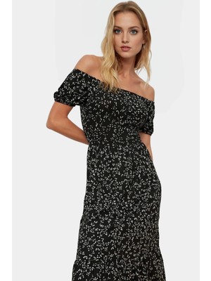 Kadın Midi Elbise Örme Kumaş Carmen Yaka Kısa Kollu Puantiyeli Şık Görünüm Rahat ve