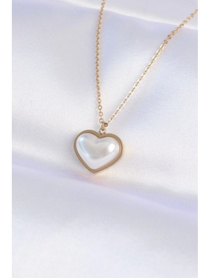 Bfs 316L Çelik Zincir Gold Renk Beyaz Taşlı Bubble Kalp Kolye