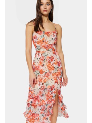 Çok Çiçek Desenli A Line Şifon Elbise Yazlık Rahat Midi Boy Özenle Seçilmiş Şık Görünüm