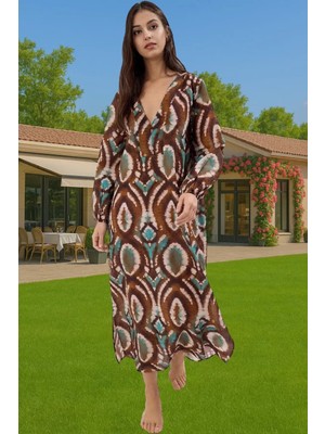 Rahat Pamuklu Maxi Elbise Etnik Desenli Balon Kol Günlük Şık Şık Görünüm Seçkin Malzeme Modern Stil