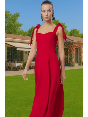 Bağcıklı Askılı A Kesim Midi Abiye Elbise Finike Dokuma Kumaştan Trend Tasarım Zarifane Tasarım