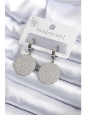 Bfs 316L Çelik Gümüş Renk Pentagram Işleme Model Kadın Küpe