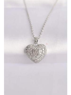 Bfs 316L Çelik Zincir Gümüş Renk Zirkon Taşlı Kalp Kolye