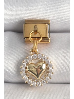 Bfs 316L Çelik Gold Renk Sallantı Zirkon Taşlı Kalp Model Nomination Charm