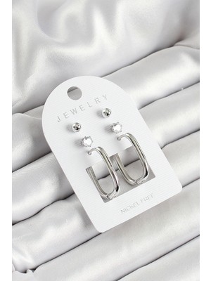 Pirinç Zirkon Taş ve Dikdörtgen Figürlü Gümüş Renk 3'lü Çift Kadın Küpe Set SL12106