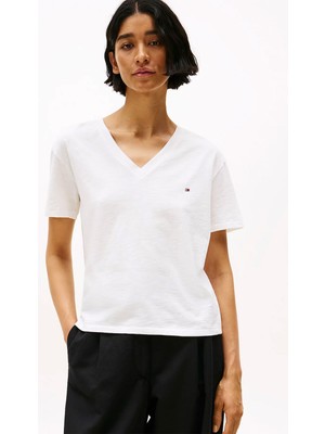 Kadın Crop V Yaka Kısa Kollu T-Shirt - Ekru