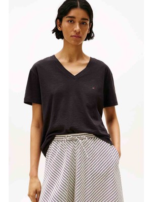 Kadın Slub Crop V-Yaka Kısa Kol T-Shirt - Siyah