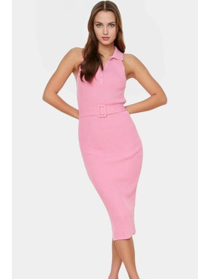 Yazlık Akrilik Midi Elbise Bodycon Kesim Polo Yaka Kemerli Konforlu Kaliteli Işçilik