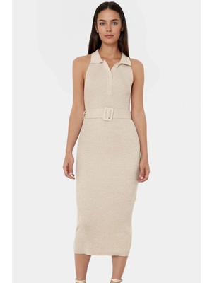 Yazlık Akrilik Midi Elbise Bodycon Kesim Polo Yaka Kemerli Konforlu Kaliteli Işçilik