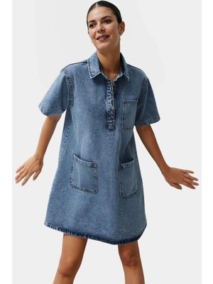 Pamuk Denim Gömlek Elbise Mini Boy Günlük Stil Rahat Kesim Trend Tasarım Konforlu