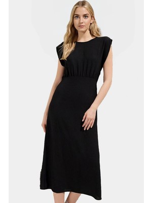 A Line Bisiklet Yaka Midi Elbise Aerobin Dokuma Polyester Yazlık ve Şık Rahat Yüksek Kalite
