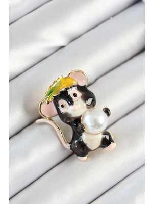 Stil Love Inci Detaylı Siyah ve Pembe 3D Sevimli Fare Figürlü Gold Renk Kadın Broş SL12062