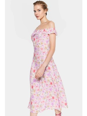 Shally Dokuma Çiçek Desenli Rahat A Kesim Midi Elbise Carmen Yaka Özenle Seçilmiş Özel Tasarım