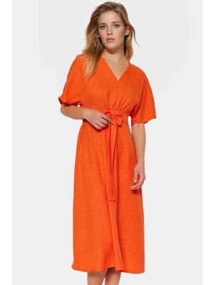 Nefes Alan Polyester Midi Elbise A Kesim V Yaka Kuşak Detayı Özenle Seçilmiş Rahat Kullanım