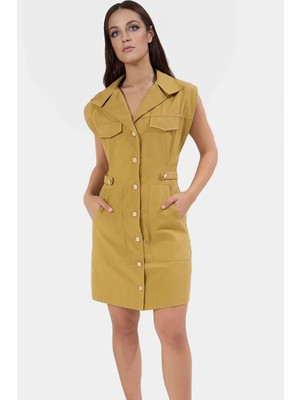 Şık Mini Elbise %pamuk Gabardin Kumaş Ay Kol Düğmeli Premium Kalite Zarifane Tasarım