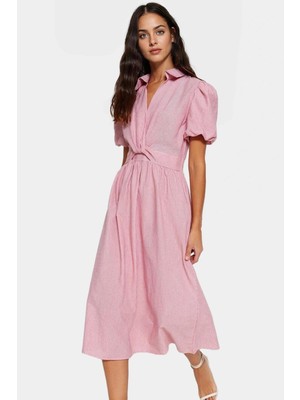 Yazlık Midi Elbise %pamuk Dokuma Kısa Balon Kollu Çizgili Skater Gömlek Yaka Rahat ve Şık