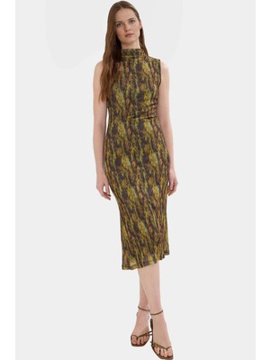 Yazlık Kolsuz Bodycon Kalem Elbise Dik Yaka Leopar Desenli Midi Boy Polyester Zarifane Tasarım