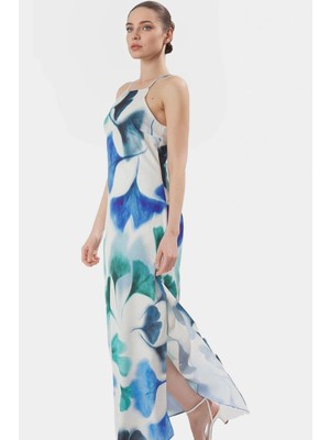 Yazlık A Line Maxi Elbise Mat Saten Dokuma Polyester Halter Yaka Profesyonel Görünüm