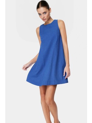 Yazlık Mini Elbise Bisiklet Yaka Keten Görünümlü Dokuma Kumaş Premium Kalite Günlük Kullanım Için