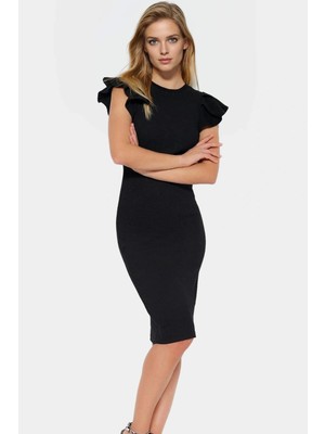 Esnek Örme Midi Elbise Bodycon Kesim Volanlı Kollarla Şık Tasarım Trend Konforlu
