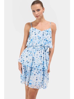 Mini Boy Polyester Şifon Elbise V Yaka Çiçek Desenli Dokuma Kumaş Zarifane Tasarım Konforlu Kesim